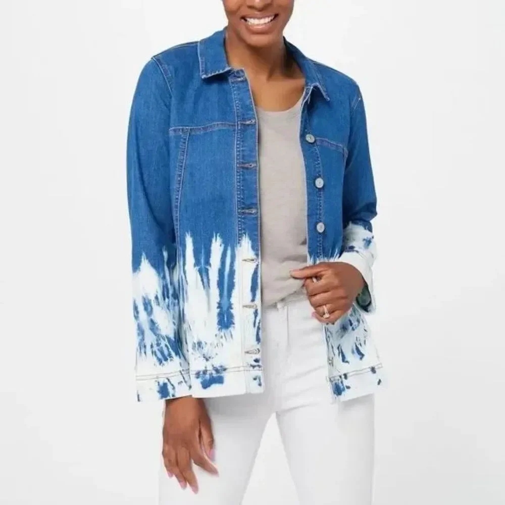 NWT LOGO Lori Goldstein Tie-Dye Ombré Denim Jean Jacket Blue White Boho Sz 4